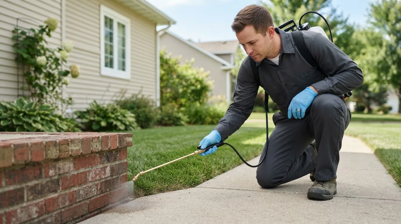 Pest control technician treating a home near Elbridge, NY