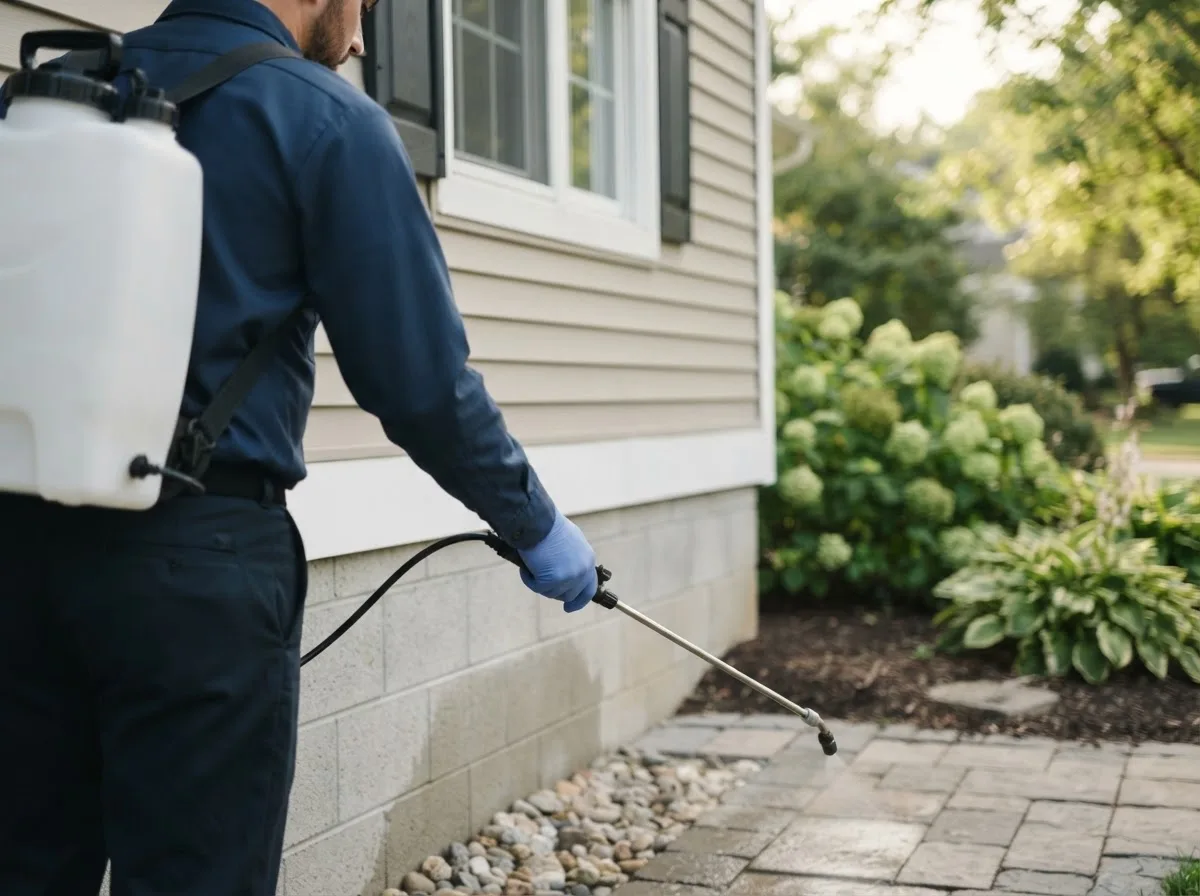 Pest control technician inspecting a home in Elbridge, NY